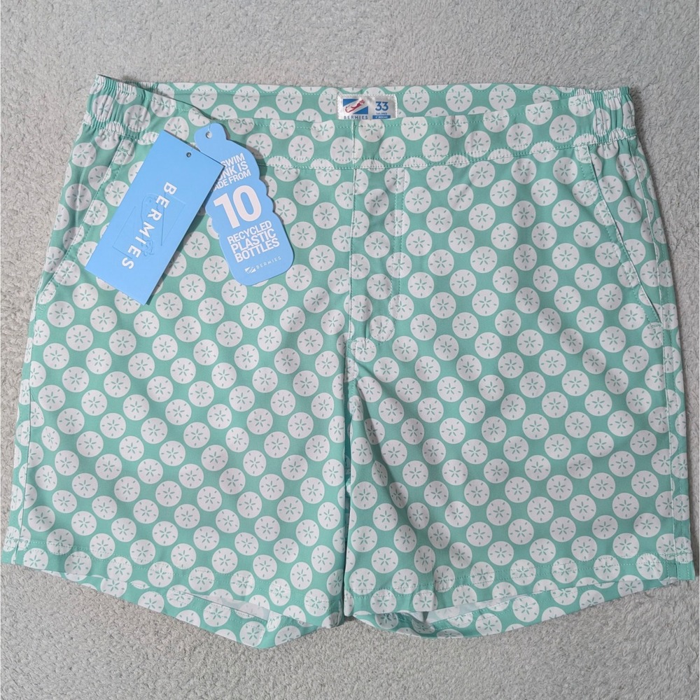 NEW! Bermies Swim Trunks Mens 30/6‎ Green Sand Dollar Stretch Tailored Liner $65